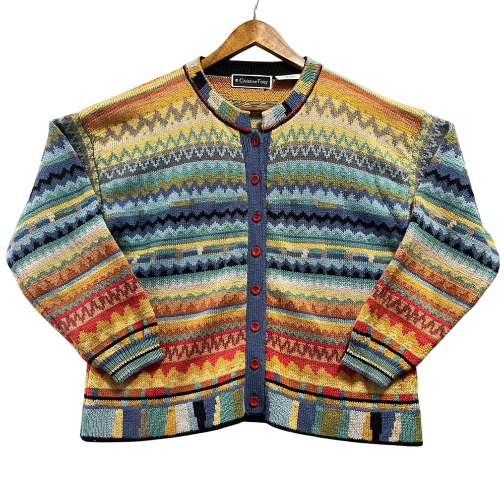 Vintage Christine Foley Cardigan Women Size 1 Multi Geometric Fair Isle Artsy